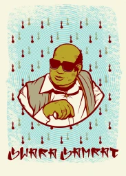 Illustrated portrait of a bald man wearing sunglasses and a vest holding a cane against a blue patterned background.