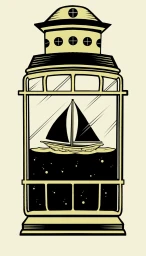 Digital illustration of a sailboat on dark water encased inside a tall glass lantern against a pale background.