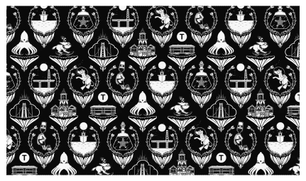 Black and white repeating pattern featuring intricate illustrated icons of ships, bridges, animals, and botanical elements.