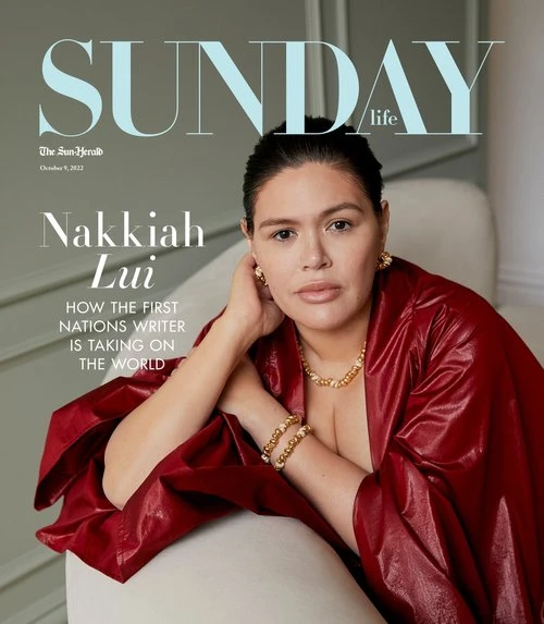 Magazine cover featuring Nakkiah Lui, an adult woman, in a red dress. The cover includes magazine titles and article headlines.