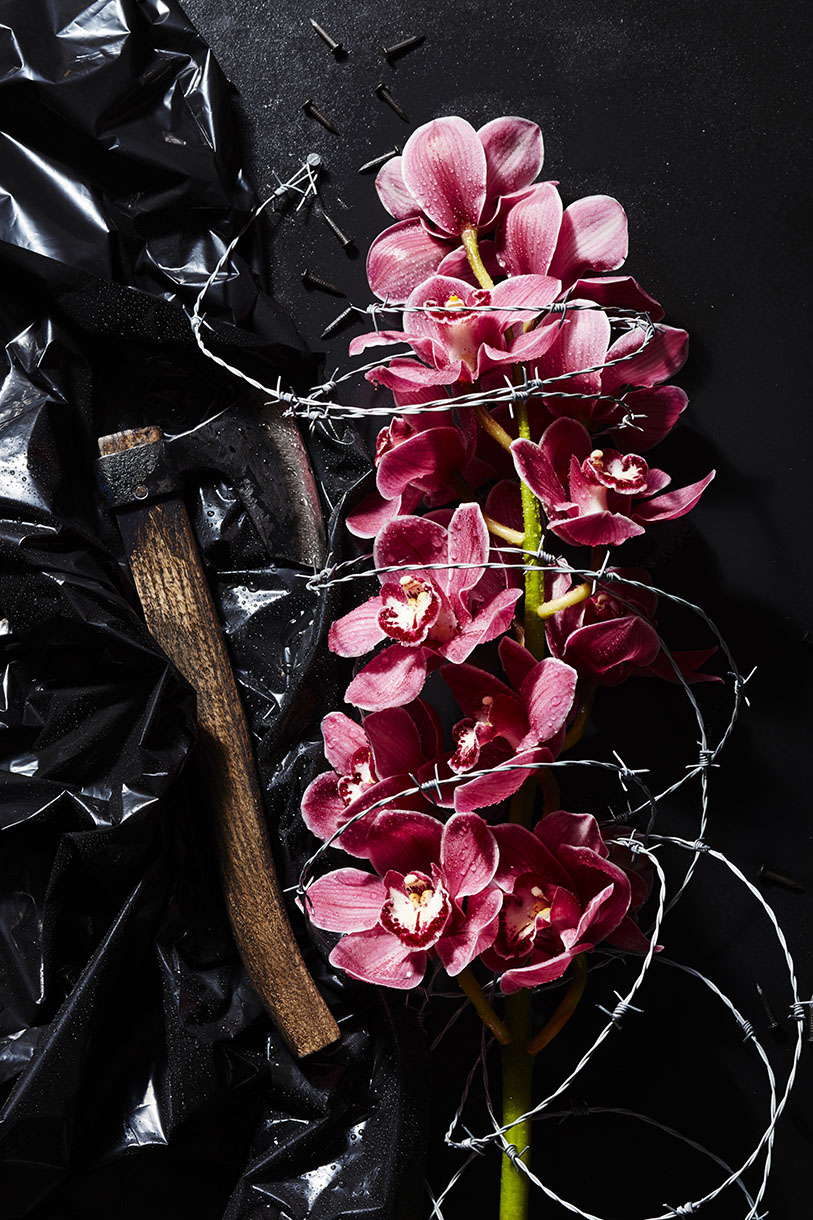 Still life photo of a pink orchid flower with barbed wire, an axe, and black crumpled plastic against a dark backdrop.