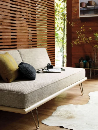 Beige daybed with pillows and a camera on top, set in a natural light-filled room with wood paneling and a light wood floor.