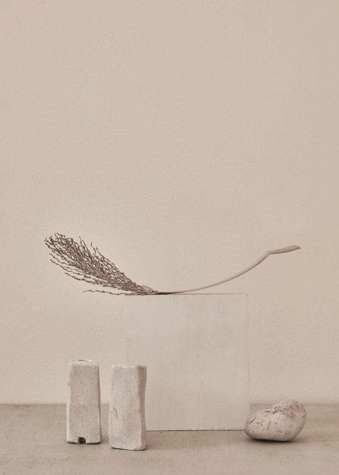 Minimalist still life with dried botanicals, stone blocks and a smooth pebble against a neutral background