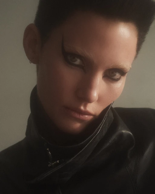 Close-up portrait of a person with short dark hair, dramatic black eyeliner, wearing a black leather jacket against a grey backdrop.