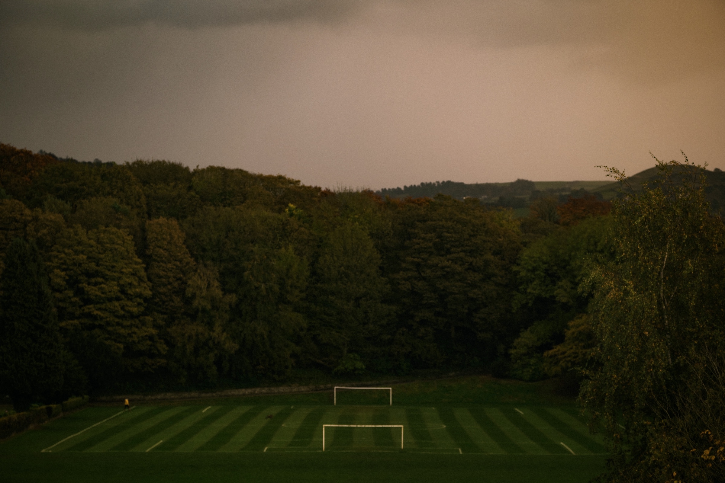 Overhead shot of a soccer field with neatly striped grass, surrounded by trees, under a cloudy sky, creating a serene sports landscape.