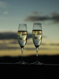 Two tall champagne flutes filled with sparkling wine against an open sunset sky background in Sydney.