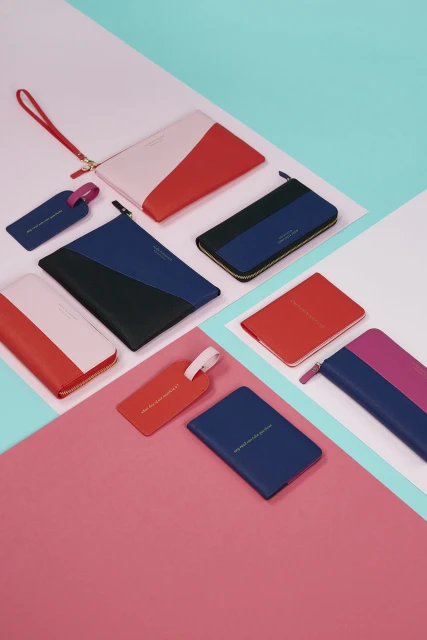 Organized flat lay of colorful wallets, passport holders, and luggage tags on a vibrant pink, white, and turquoise surface.