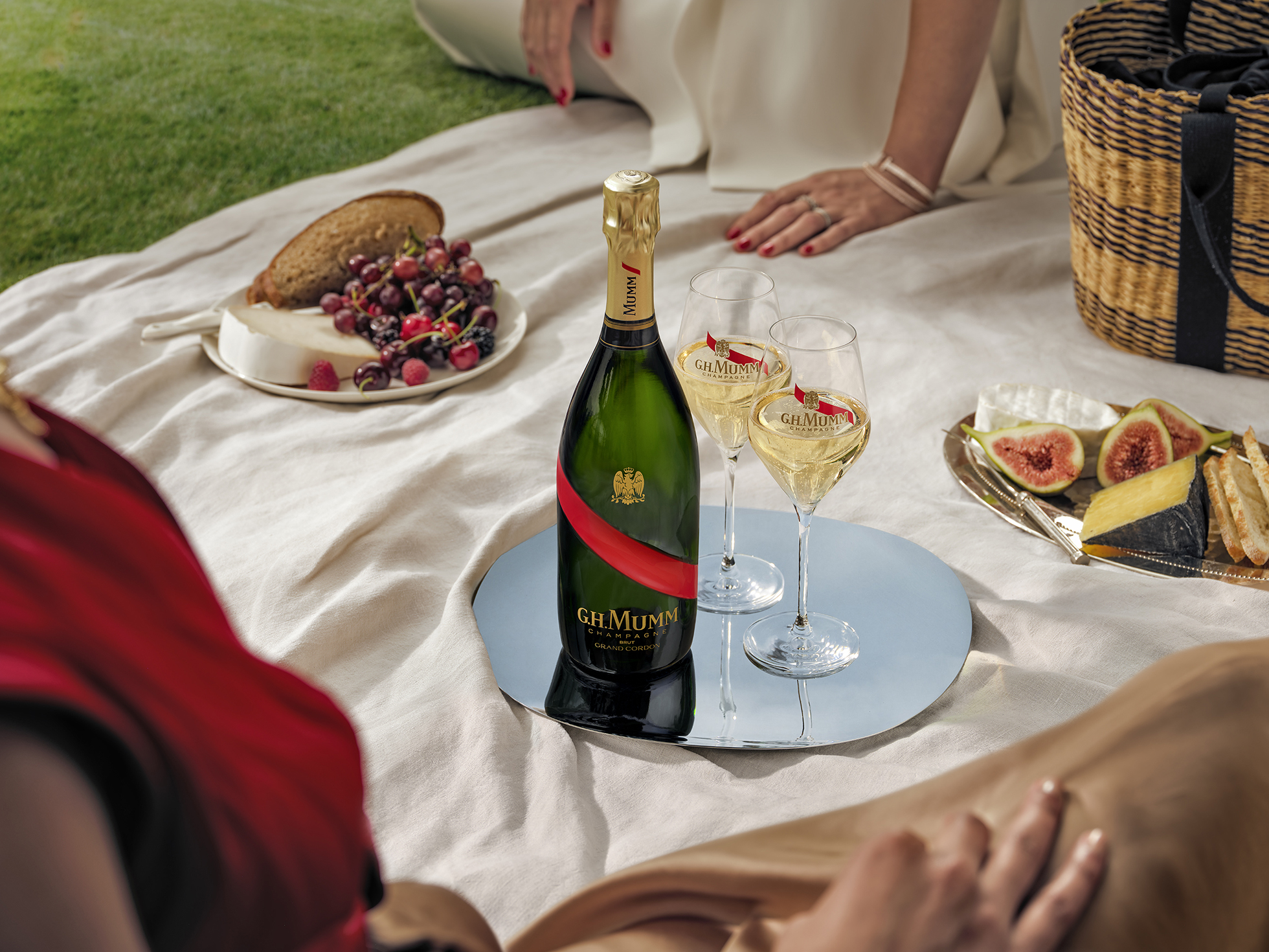 Outdoor picnic scene with champagne, fruit, cheese, and bread on a blanket surrounded by adults enjoying a relaxing day.