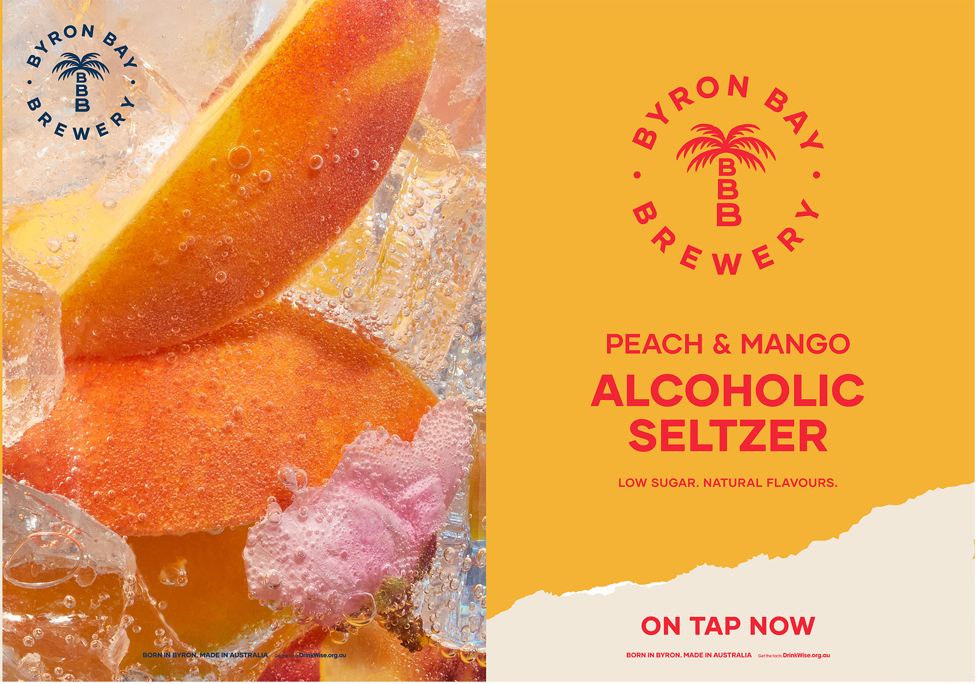 Peach and mango alcoholic seltzer drink ad. Close up of drink with ice. Logo and text on right side of composition.