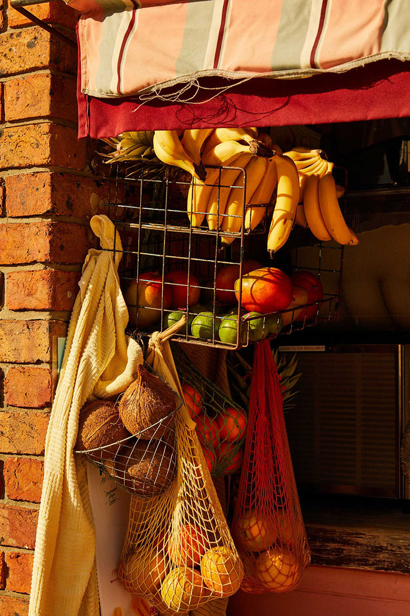 Display of fresh fruits including bananas, oranges, coconuts, and other fruits in bags and a wire rack next to a brick wall.