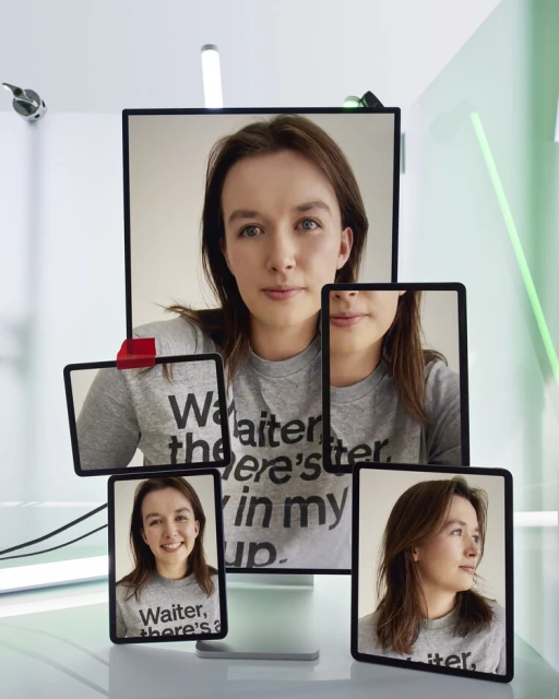 Woman's portrait displayed on multiple screens of varying sizes in a bright, white photo studio with natural-looking lighting.