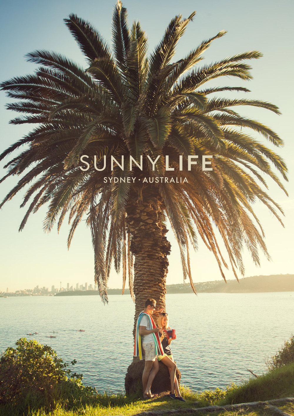 Two people seated beneath a palm tree, overlooking a bay with a city skyline, captured on a sunny day.