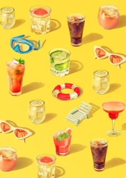 Top-down flat lay of various summer cocktails, sunglasses, and beach accessories arranged symmetrically on a vibrant yellow background.
