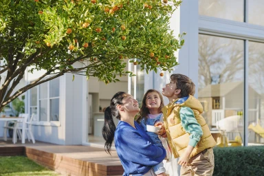 An adult woman and two children stand beneath an orange tree laden with ripe fruit, reaching up to look at the branches.