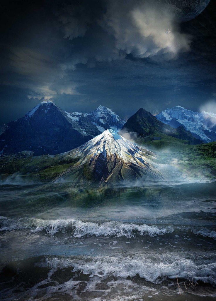 A majestic mountain range emerges from a turbulent sea under a cloudy sky, with a large moon adding a dramatic element to the scene.