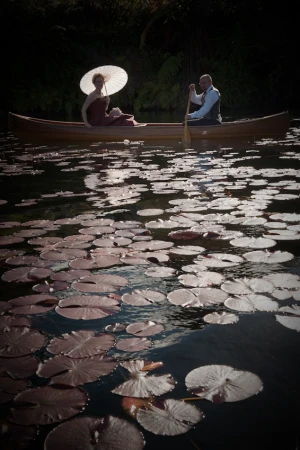 Romantic moment: A couple glides on a wooden canoe across a lake filled with lily pads in soft, natural lighting, exuding a peaceful atmosphere.