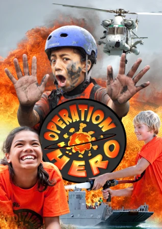 Three kids in orange shirts are shown in front of a helicopter, a military landing craft, and a fire; logo reads 'Operation Zero'.