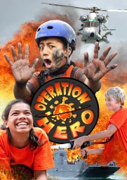 Child in blue helmet and orange vest with outstretched hands amid fire and a rescue helicopter overhead.