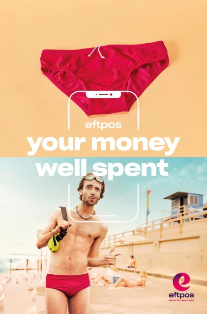 Print advertisement featuring red swimming trunks over a phone interface, then worn by a man on a beach with lifeguard tower.