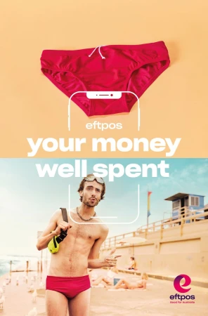 Print advertisement featuring red swimming trunks over a phone interface, then worn by a man on a beach with lifeguard tower.