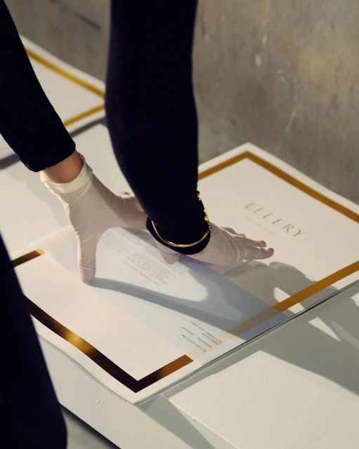 Close-up of gloved hands on marketing brochure, gold accents on white backdrop, readable text and elegant design.