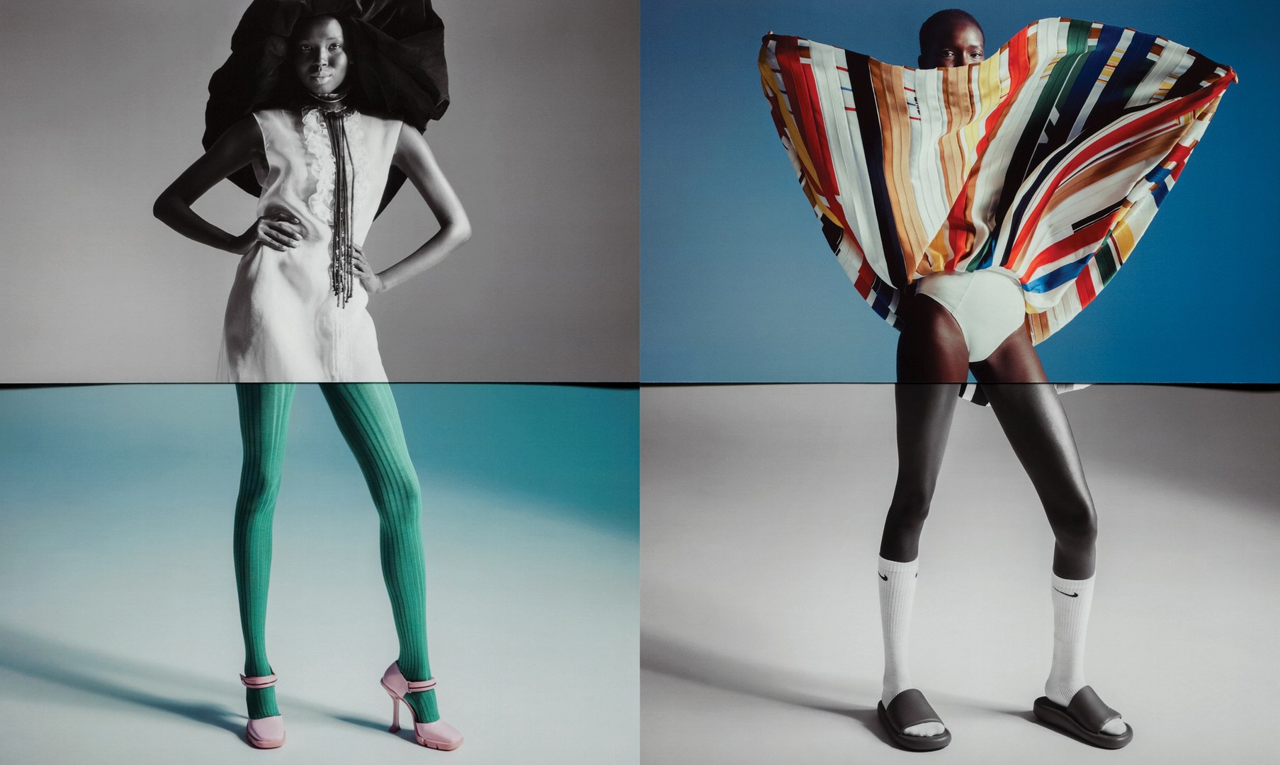 Two fashion models posing in split-frame studio shot, one in a white dress and the other in a colorful striped top, with contrasting backgrounds.
