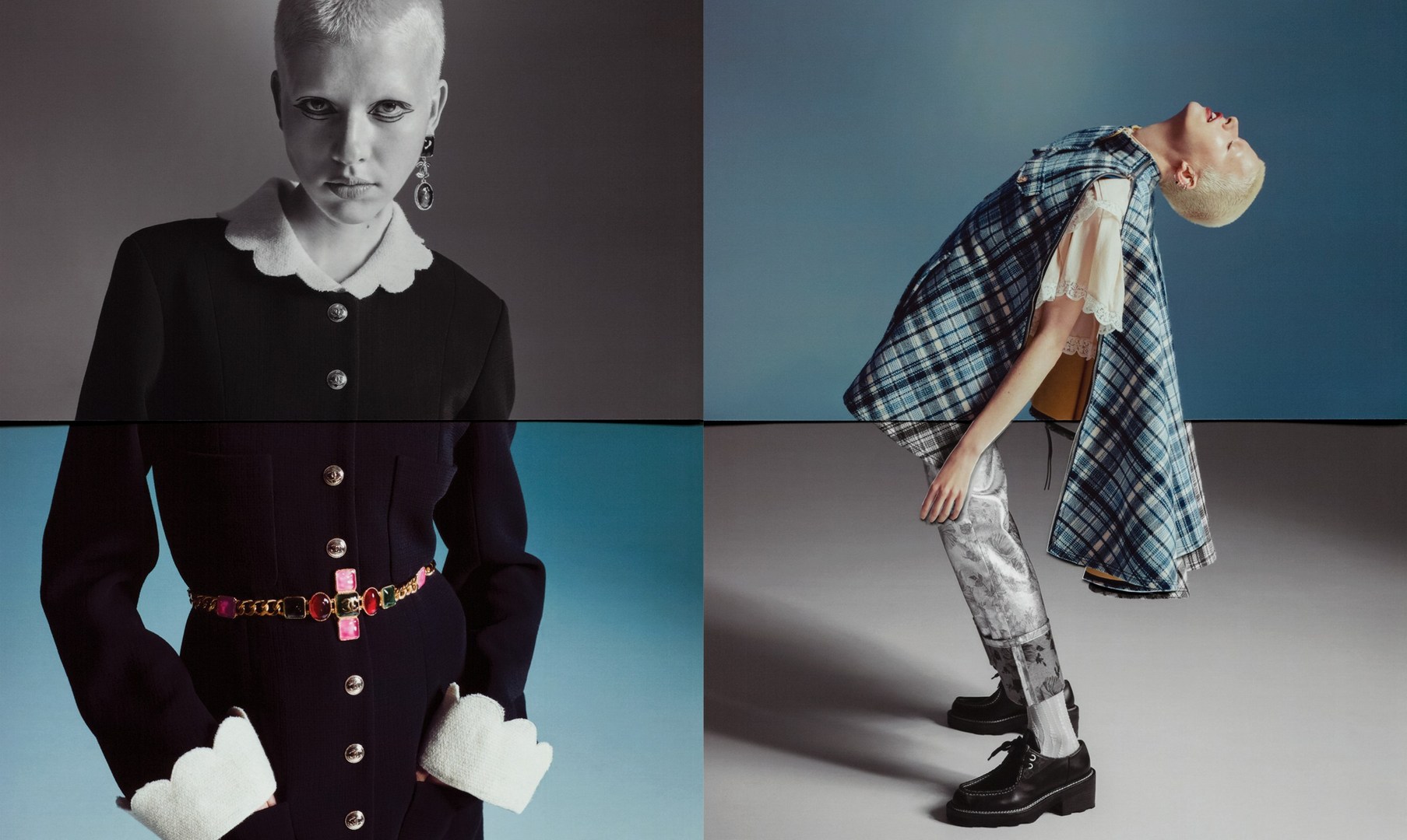 Fashion editorial shot split in the middle, woman in a black dress and a white collar, and another one with silver tights.