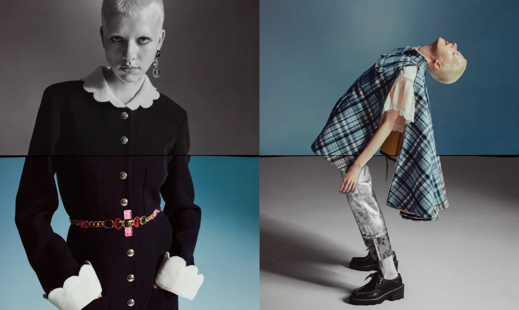 Fashion editorial shot split in the middle, woman in a black dress and a white collar, and another one with silver tights.