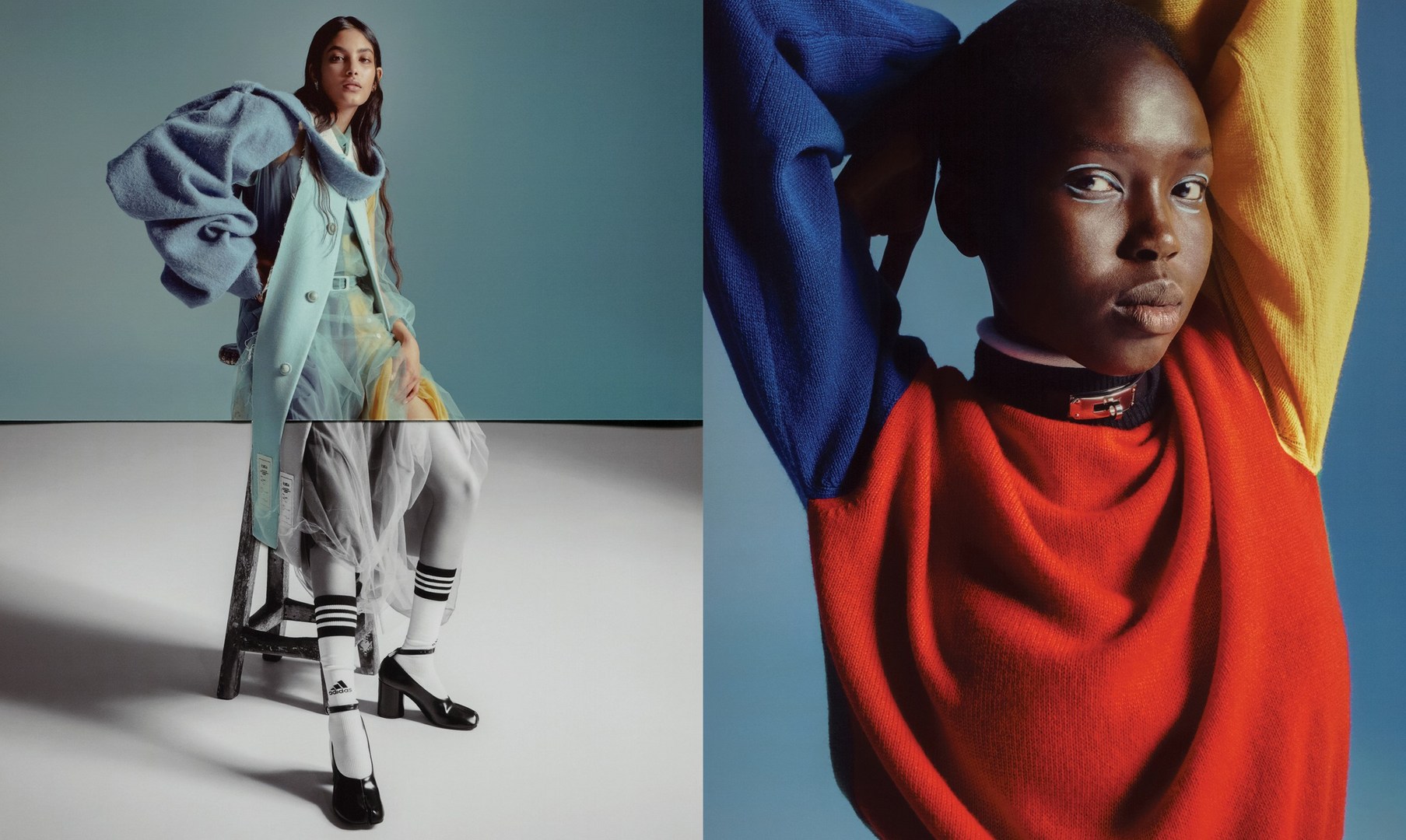 Two fashion models showcase autumn clothing in a photo studio split-screen composition with blue and white backdrops and soft lighting.