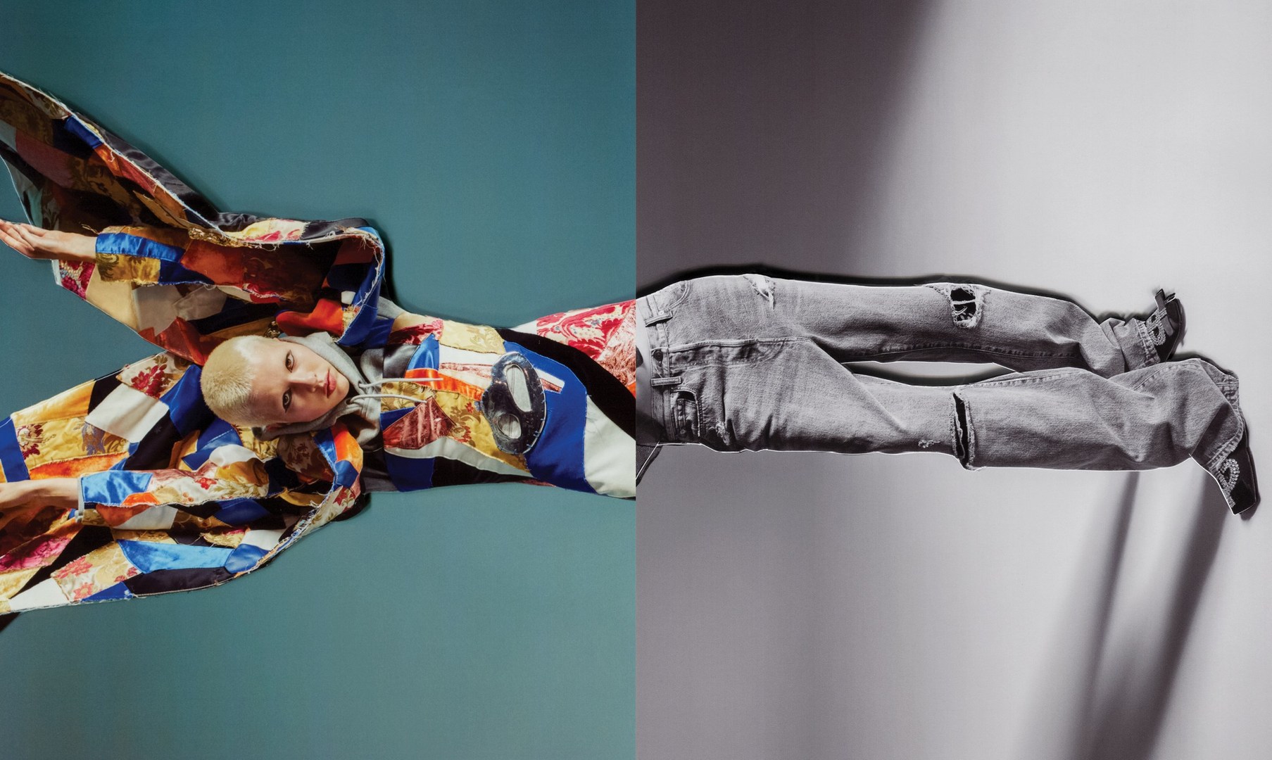 Model lays on teal-grey split background wearing colorful jacket; legs and jeans shown in grayscale on light-grey side.