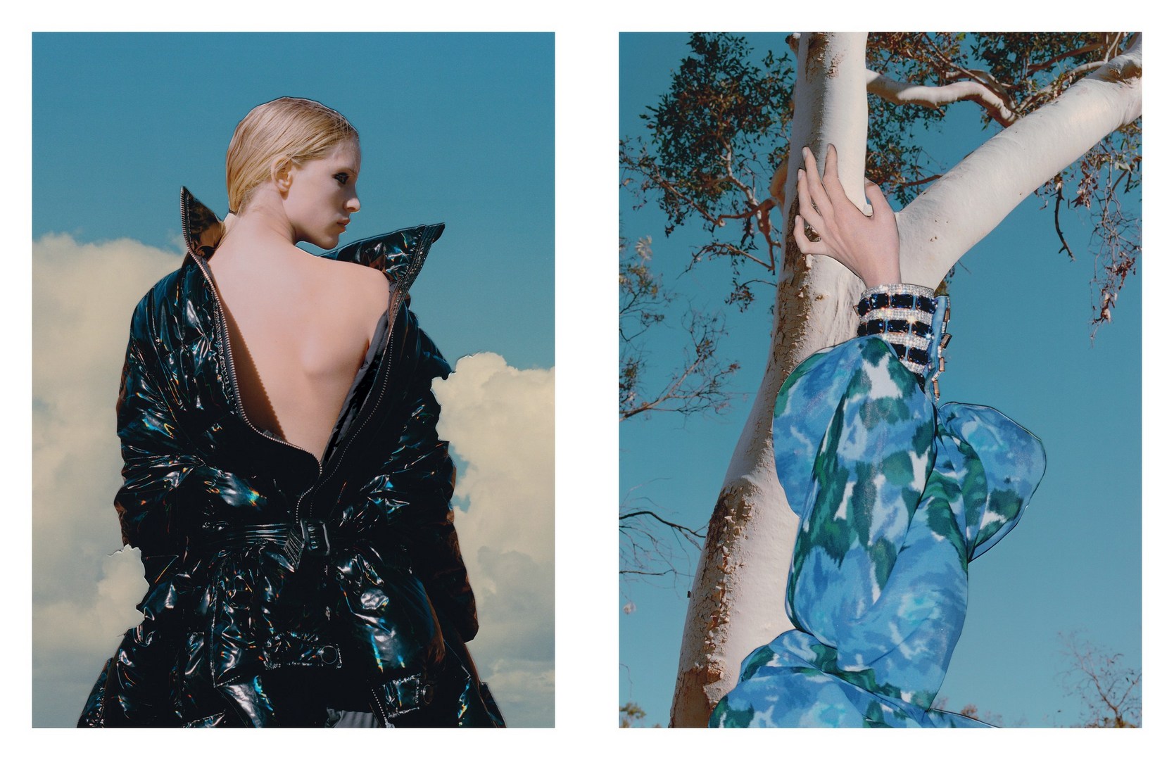 Fashion editorial shot: a woman in a glossy black jacket against a blue sky with clouds, juxtaposed with a blue dress and tree.