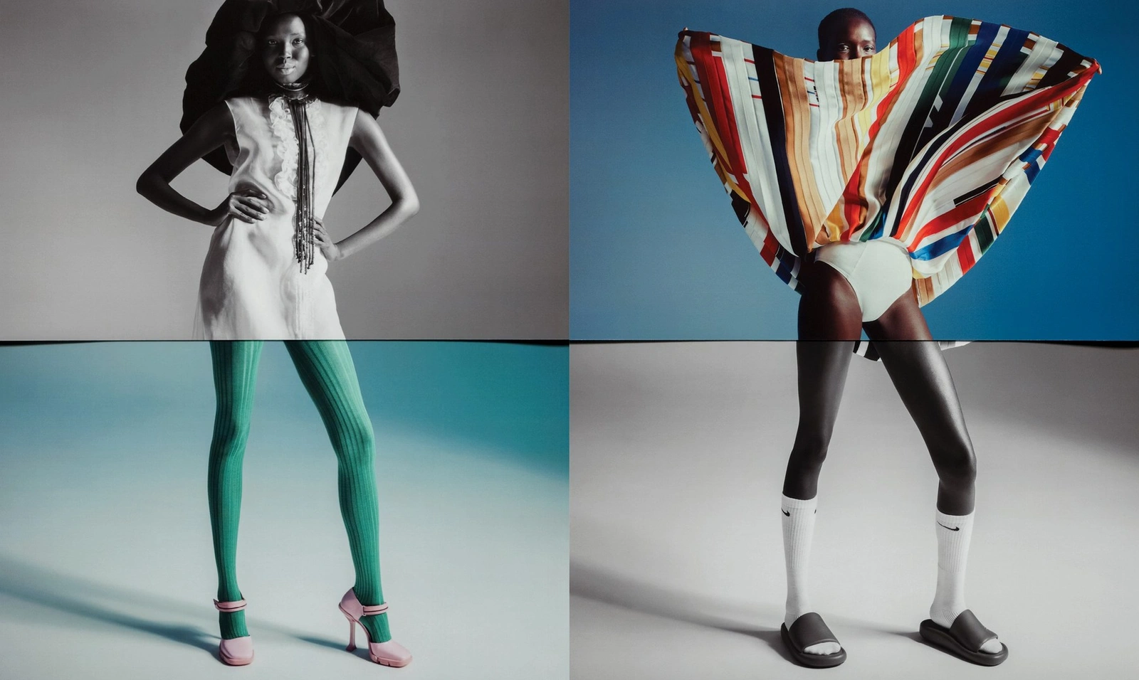 Four-panel fashion image featuring a Black model in various outfits against neutral and blue studio backgrounds.