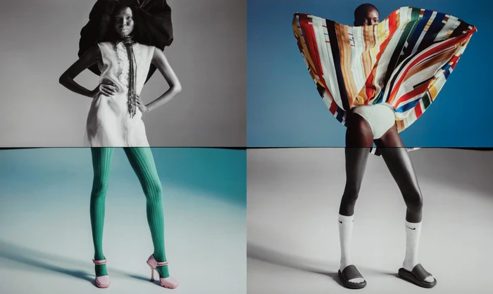 Four-panel fashion image featuring a Black model in various outfits against neutral and blue studio backgrounds.