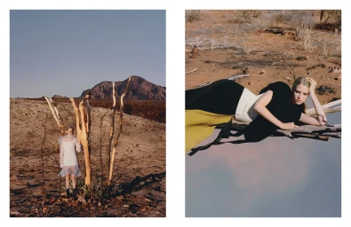 Diptyque fashion editorial featuring a model in arid desert landscapes directed by Cynthia Swanson