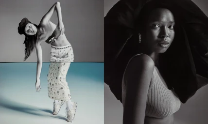 Two-panel fashion image featuring a model posing in a strapless top and skirt on the left, and a close-up portrait of a Black woman on the right.