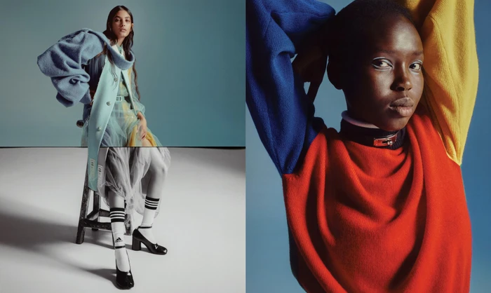 Two fashion portrait panels featuring models in vibrant colour-blocked knitwear and layered tulle against a neutral studio backdrop.