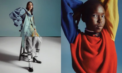 Two fashion portrait panels featuring models in vibrant colour-blocked knitwear and layered tulle against a neutral studio backdrop.