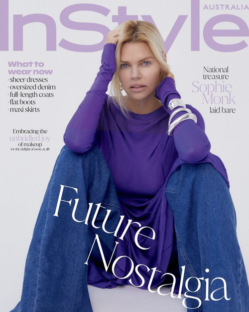 Magazine cover featuring Sophie Monk in purple top and wide-leg jeans, posing with a neutral expression against a clean, white backdrop.