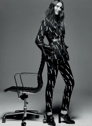 Model standing next to an office chair wearing a patterned matching blazer and trousers styled by Chloe Buttenshaw