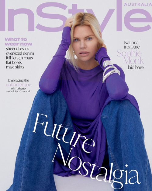 InStyle Australia cover featuring Sophie Monk wearing a purple top and wide-legged jeans, posing in a photo studio against a white backdrop.