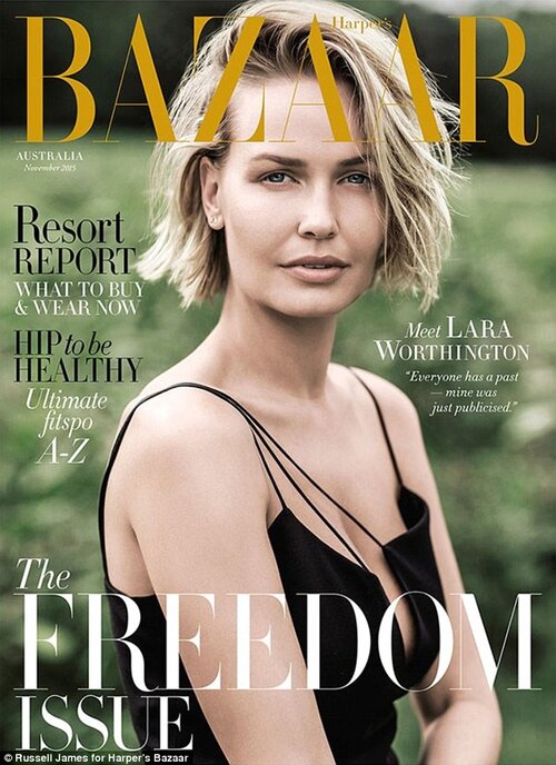Fashion magazine cover featuring Lara Worthington, Australia's BAZAAR, in a close-up shot with soft lighting and a blurred outdoor background.
