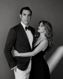 Monochrome portrait of Sacha Baron Cohen in a tuxedo and Isla Fisher in a black evening dress against a dark backdrop.