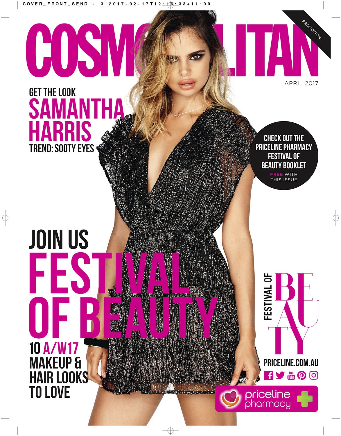 Cosmopolitan magazine cover featuring Samantha Harris wearing a dark dress. The cover includes text about makeup, hair, and beauty.