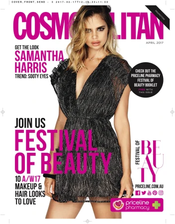 Cosmopolitan magazine cover featuring Samantha Harris wearing a dark dress. The cover includes text about makeup, hair, and beauty.