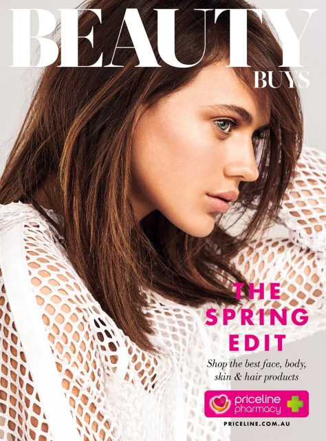 Beauty magazine cover featuring a young woman with brown hair and a white mesh top, promoting spring edits for face, body, skin, and hair products.