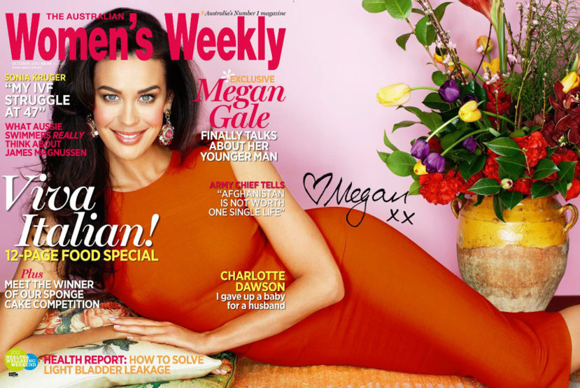 Magazine cover featuring a woman in an orange dress reclining, with flowers and text elements including the magazine's title.
