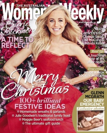 Blonde woman wearing a strapless red dress smiling against a backdrop of pink and red flowers for magazine cover.
