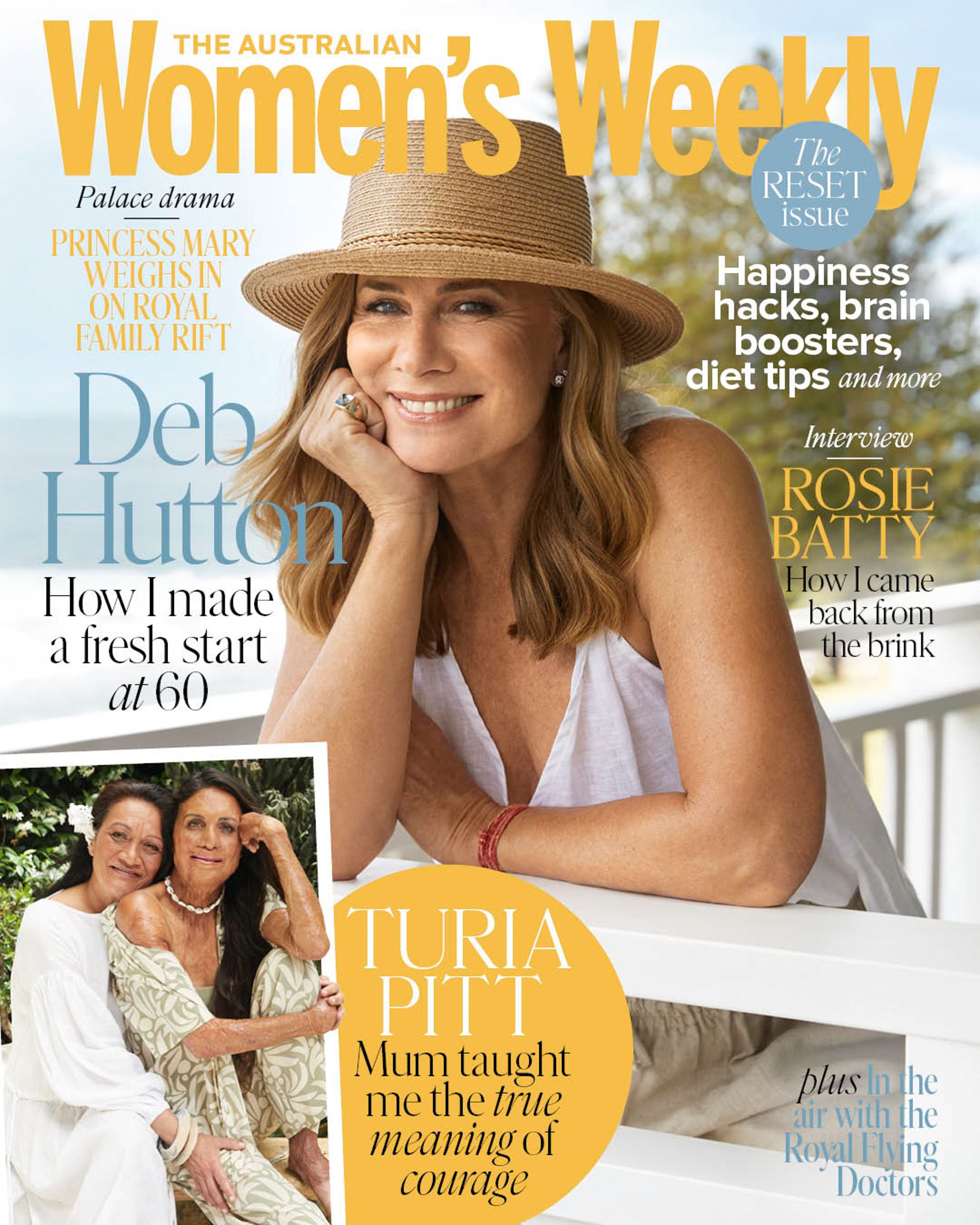 Magazine cover featuring Deb Hutton in a straw hat, smiling. A smaller photo shows two women, with article titles and magazine branding visible.