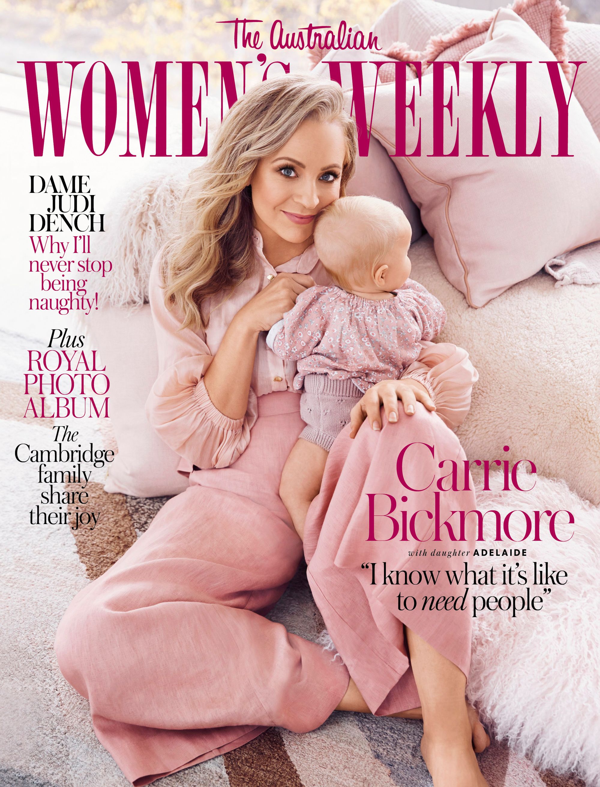 Magazine cover featuring Carrie Bickmore with her daughter Adelaide in a soft, pink-toned portrait setting with muted colors.