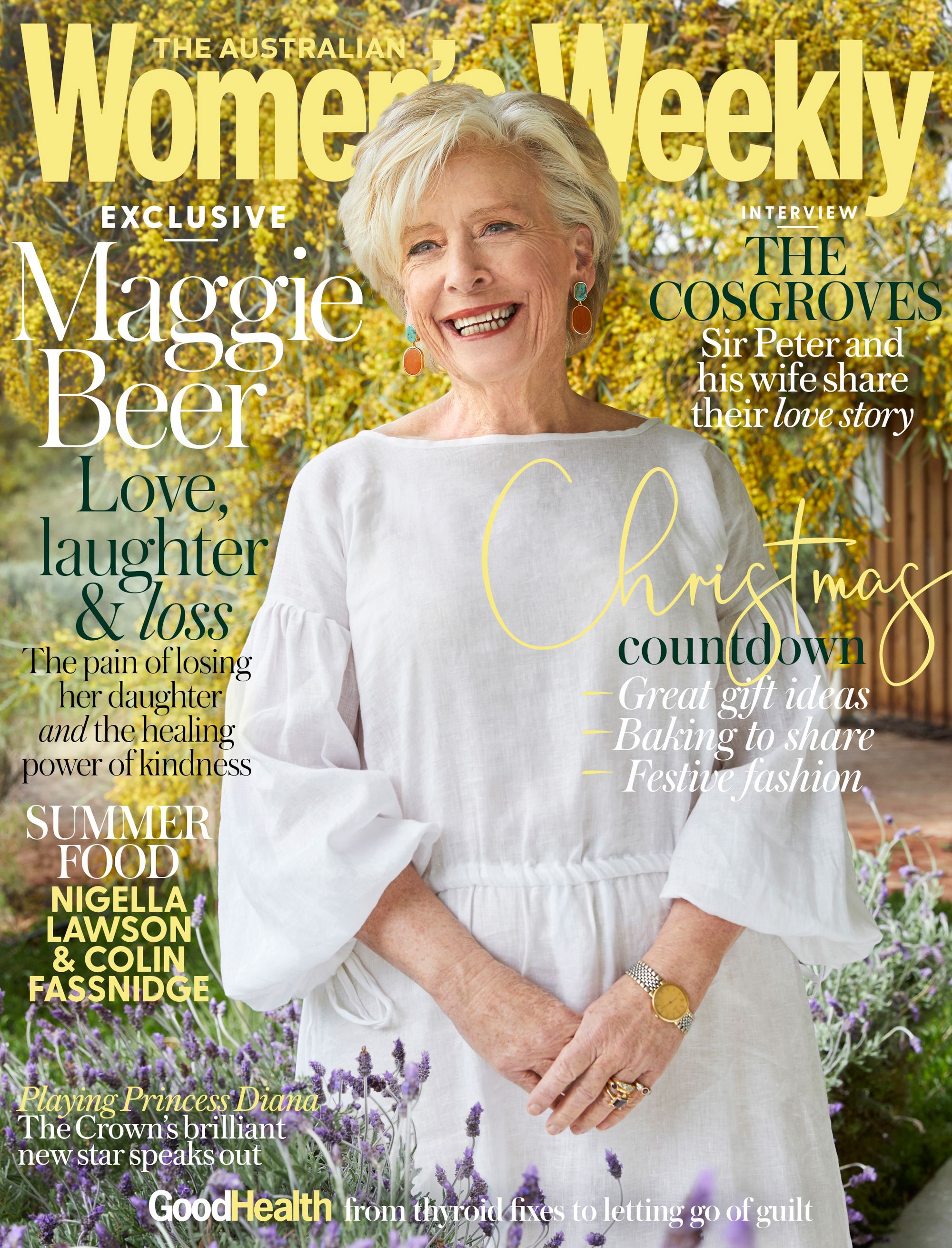 Magazine cover featuring smiling Maggie Beer in white dress, with cover text for The Australian Women's Weekly against a foliage backdrop.